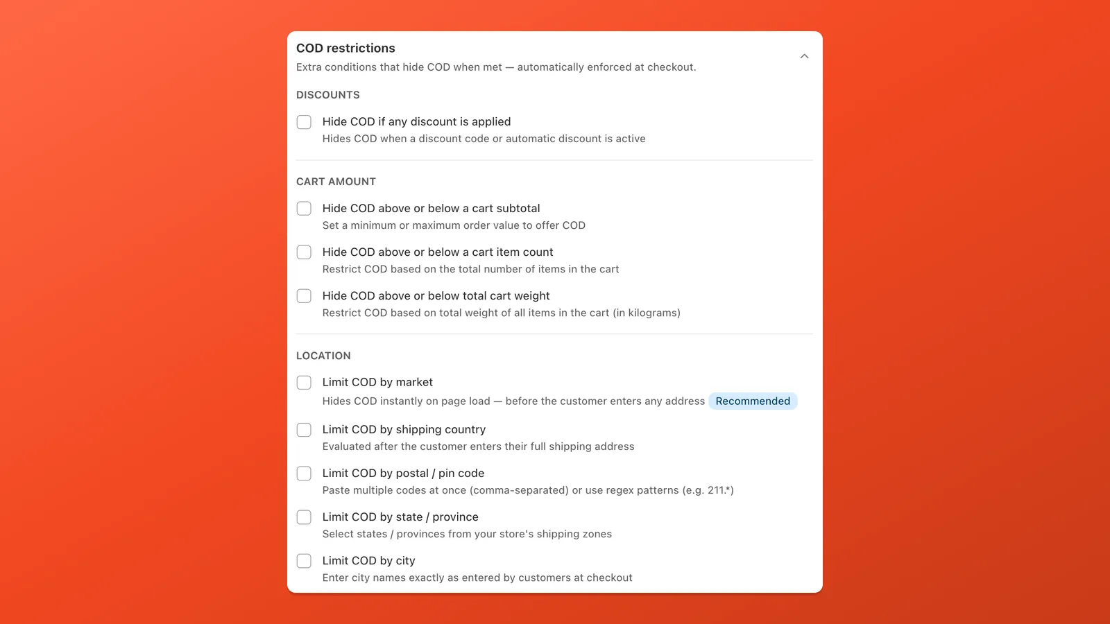 Optional rules for when Cash on Delivery should appear: discounts, cart total, and location