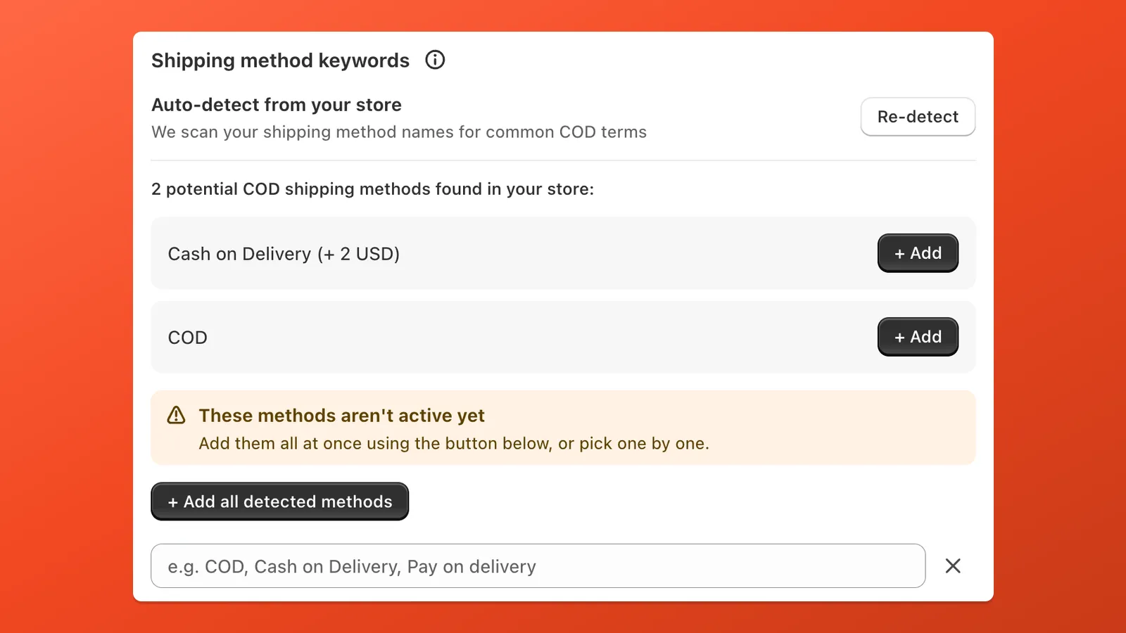 Payflow found your shipping methods and lets you add them to the COD setup