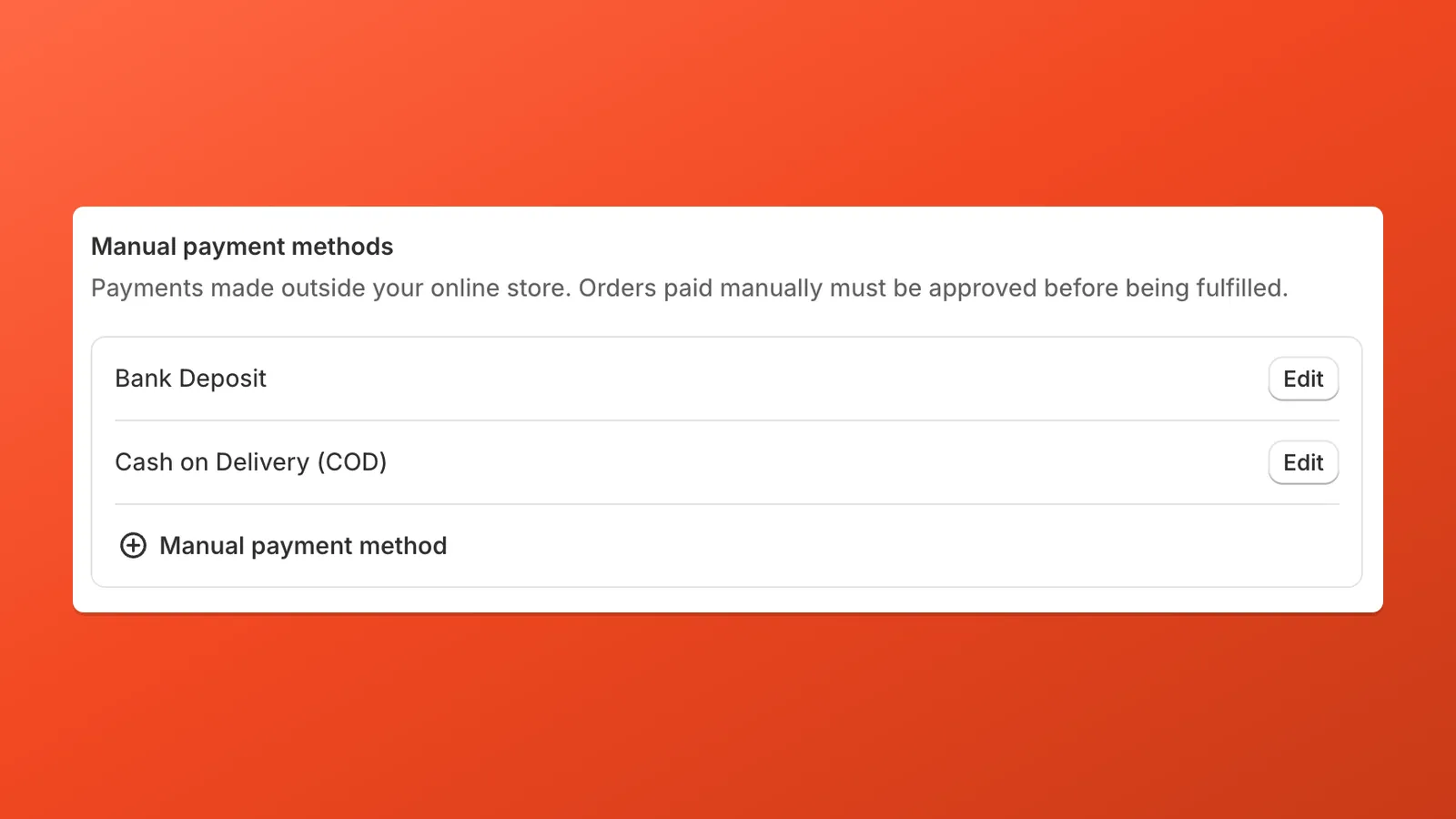 Shopify Payments settings: Cash on Delivery listed as a manual payment method