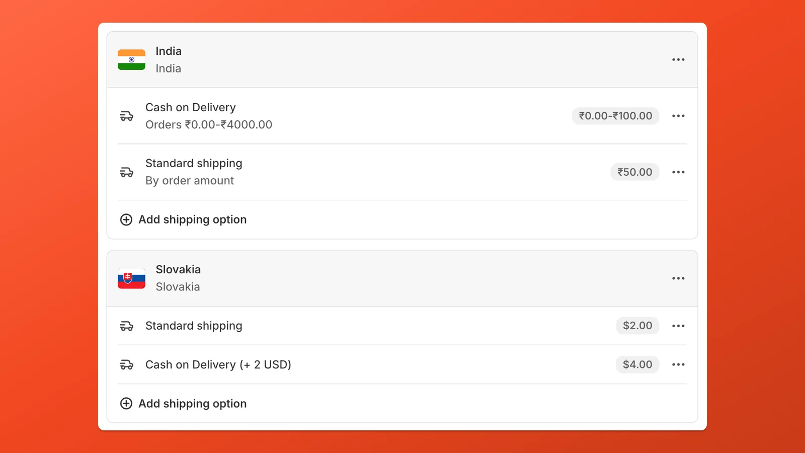 Two regions, each with its own standard and Cash on Delivery shipping rates