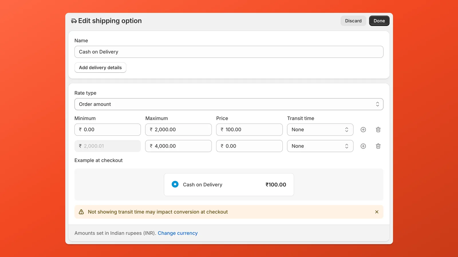 Editing a Cash on Delivery shipping rate with different prices by order size