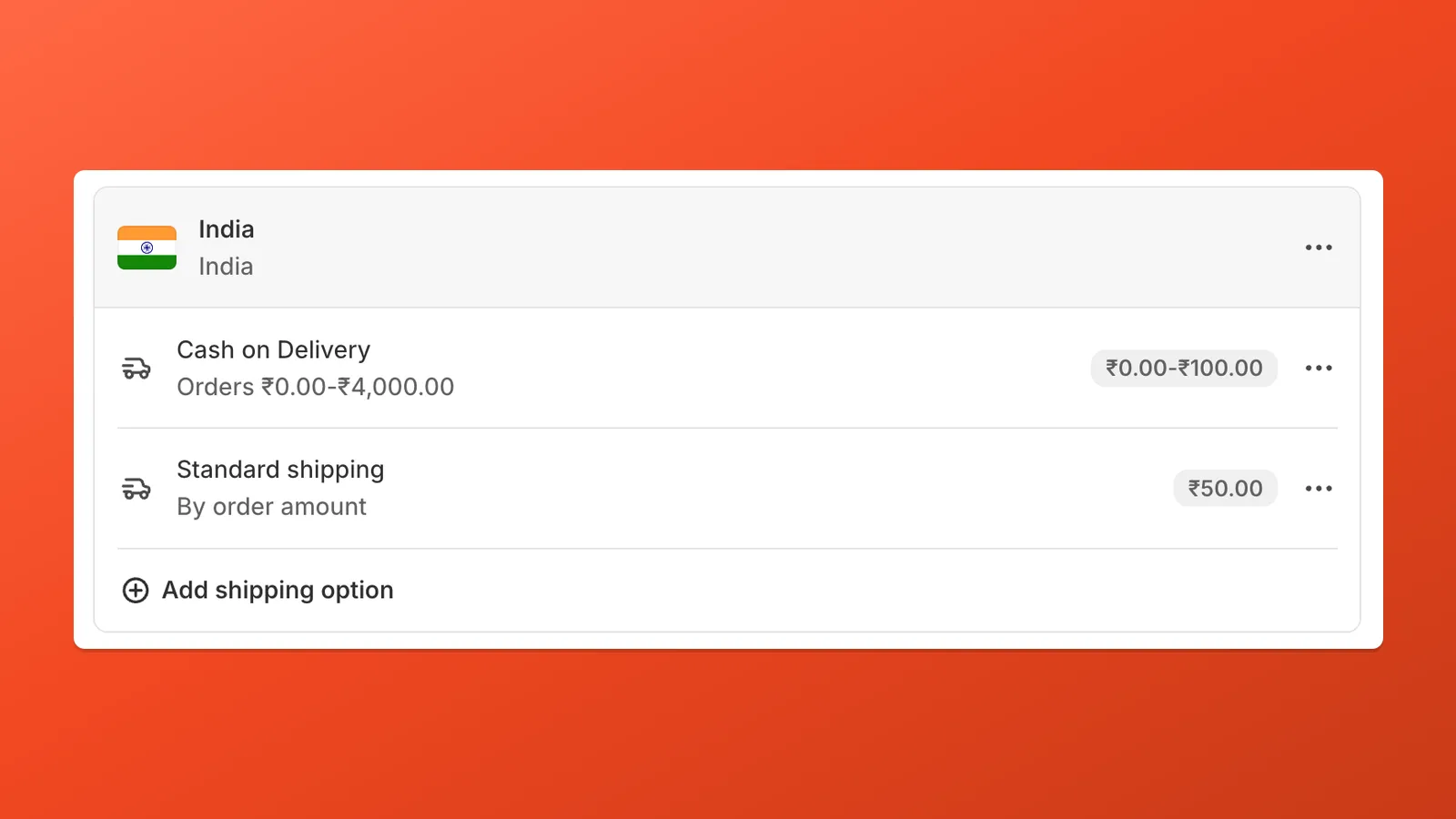 Shopify shipping zone showing standard and Cash on Delivery shipping options