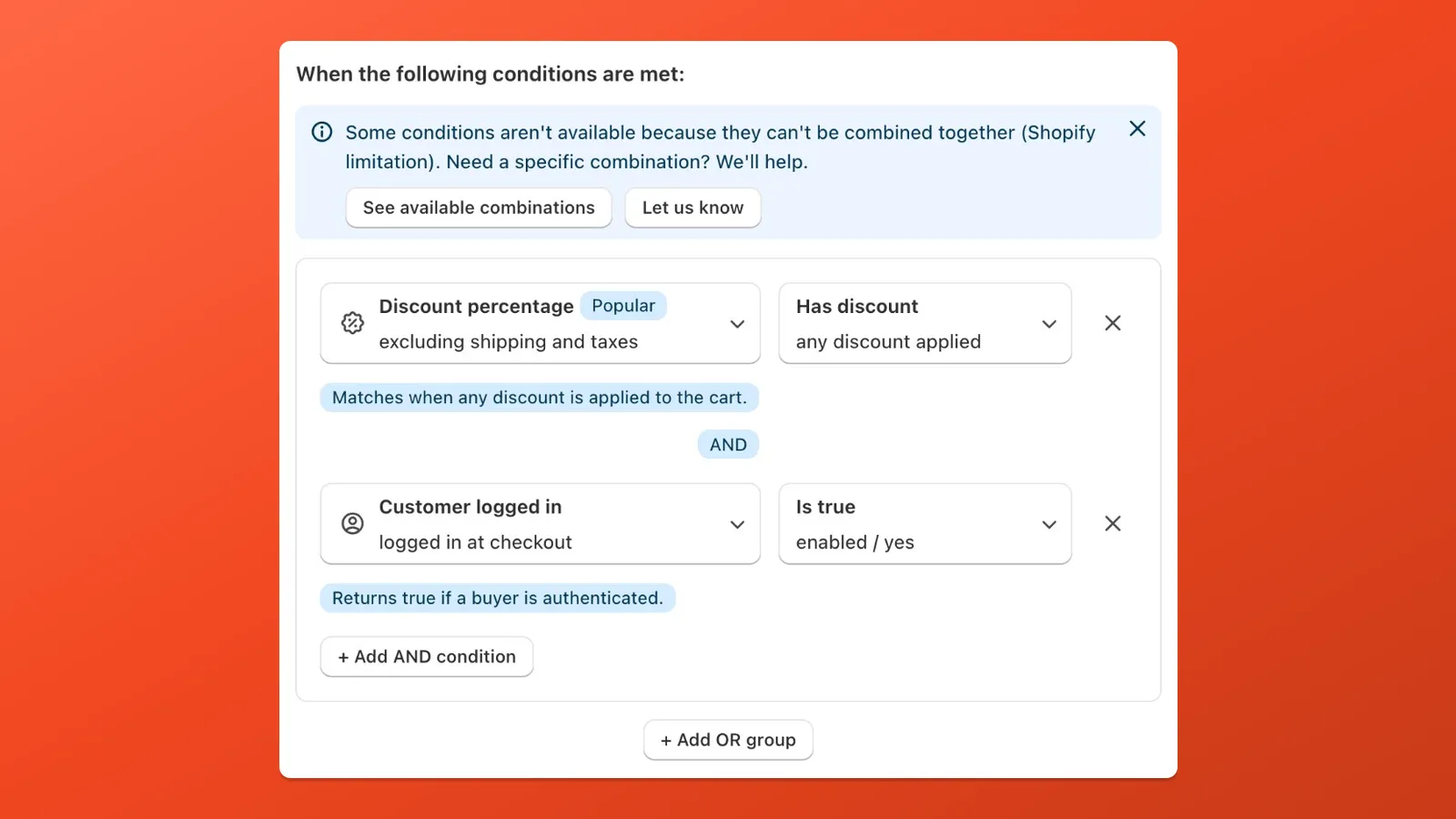 Payflow condition picker showing two conditions in one rule with a banner explaining that some combinations are unavailable due to Shopify limitations