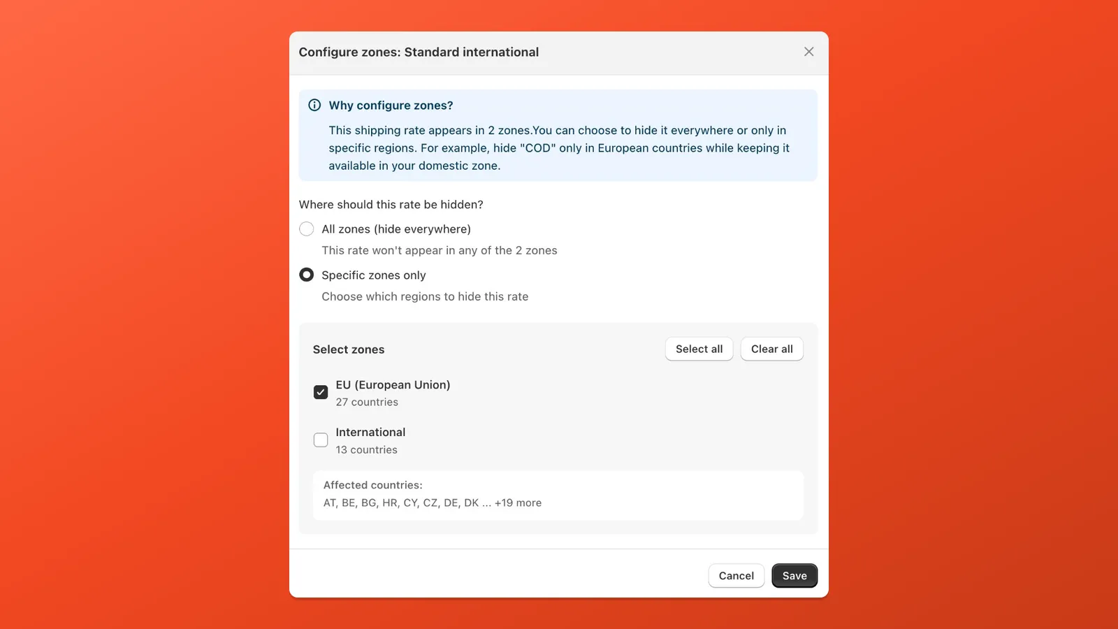 Limiting a store rate to certain shipping zones: all zones or a custom subset