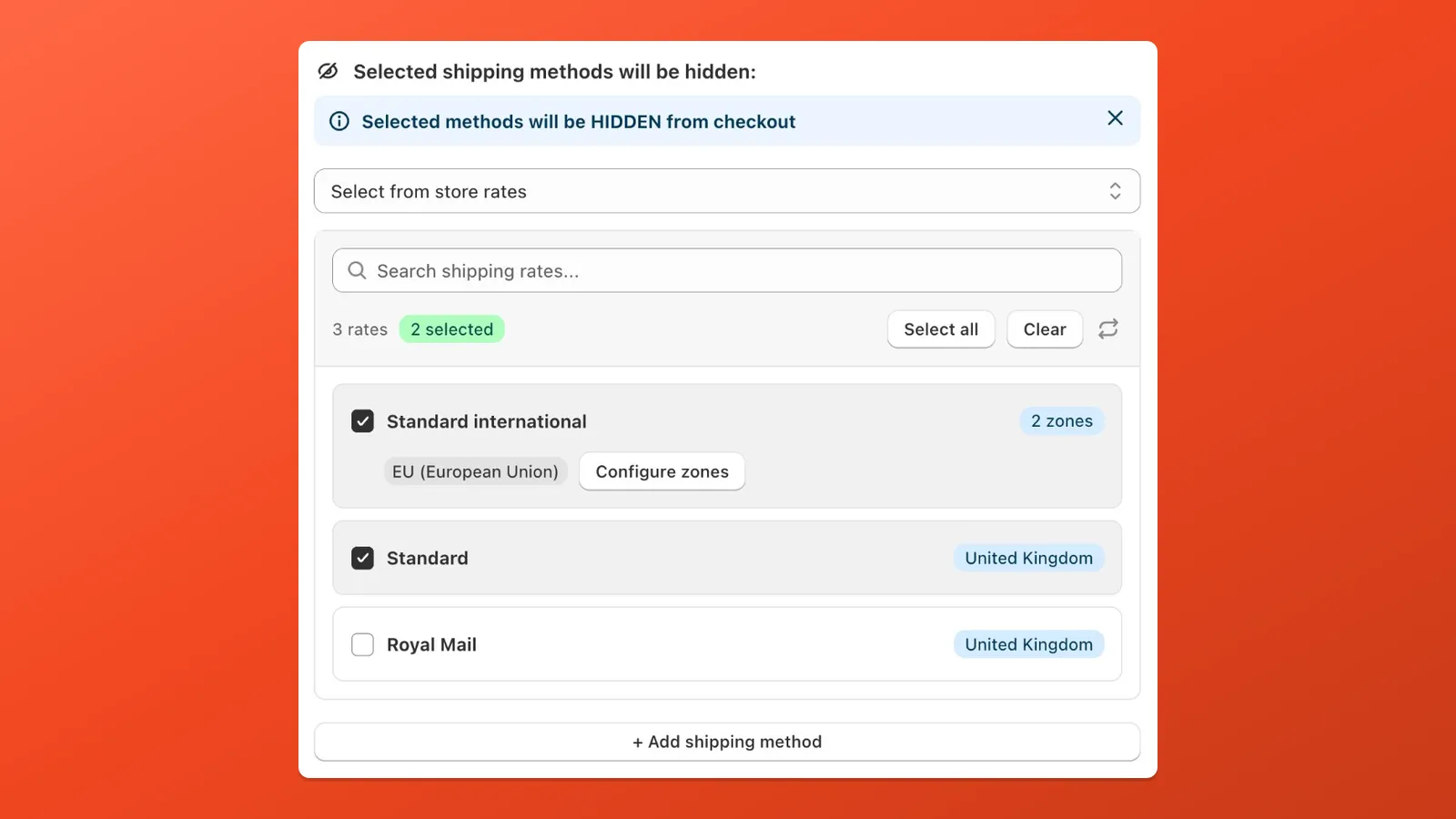 Picking shipping rates from your store: zone badges and Configure zones for rates used in multiple regions