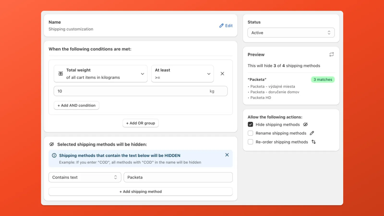 Example: hide shipping options that match a carrier name when the cart is over a weight limit