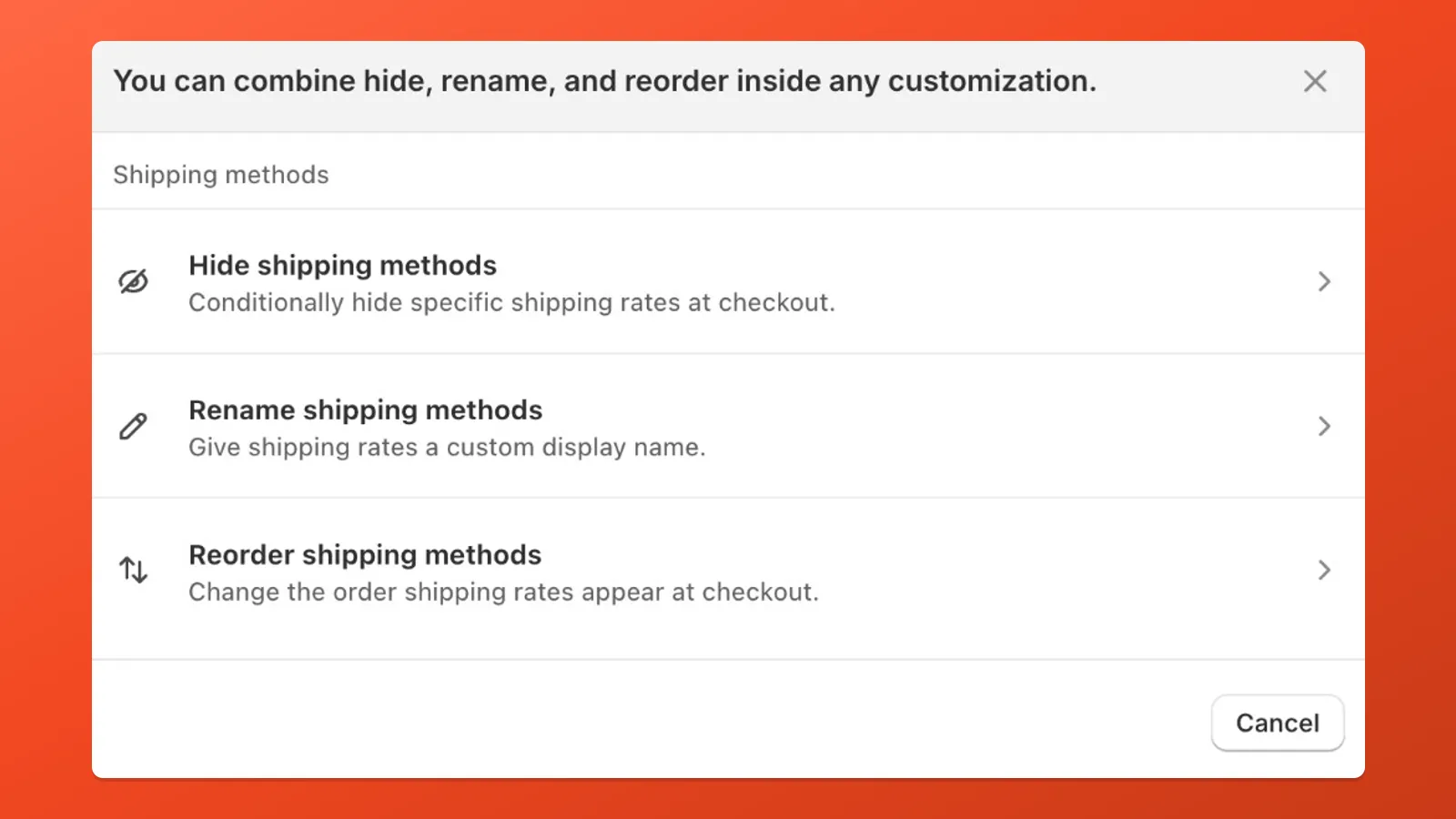 Choosing whether to hide, rename, or reorder shipping methods in Payflow