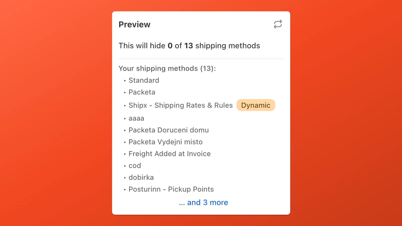 Preview list of shipping methods with a Dynamic badge on a checkout-generated rate