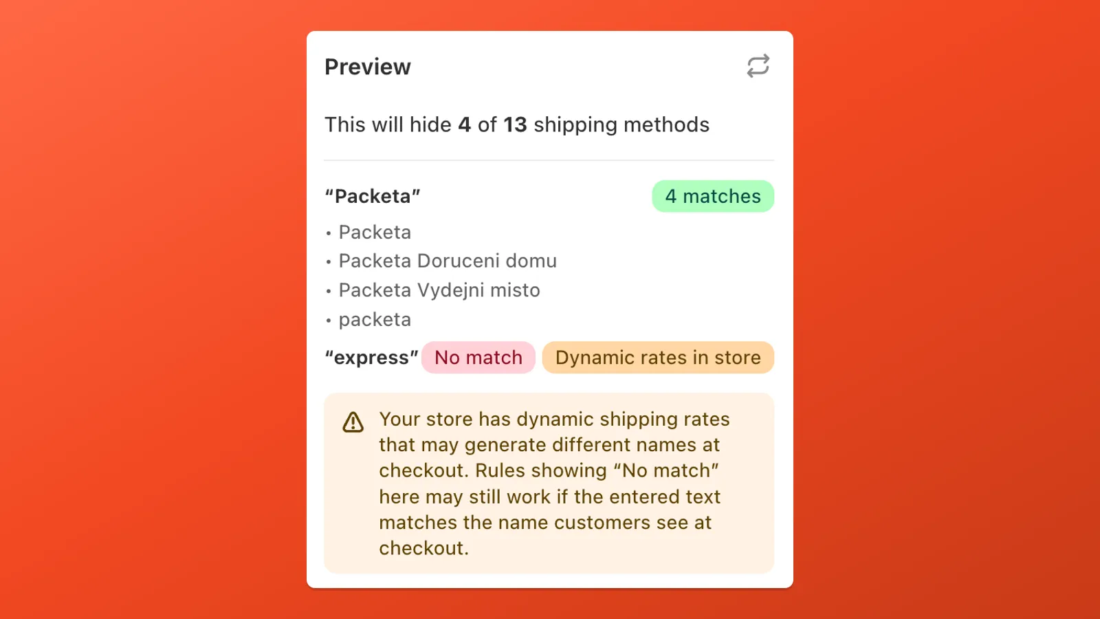 Preview: several rates matched by keyword; another shows no match with a note about dynamic checkout names