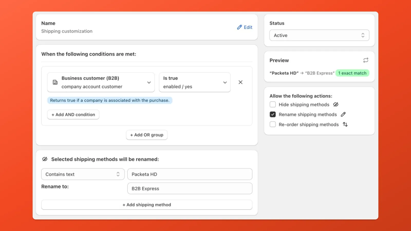 Example: a different shipping label for business customers, with a checkout preview