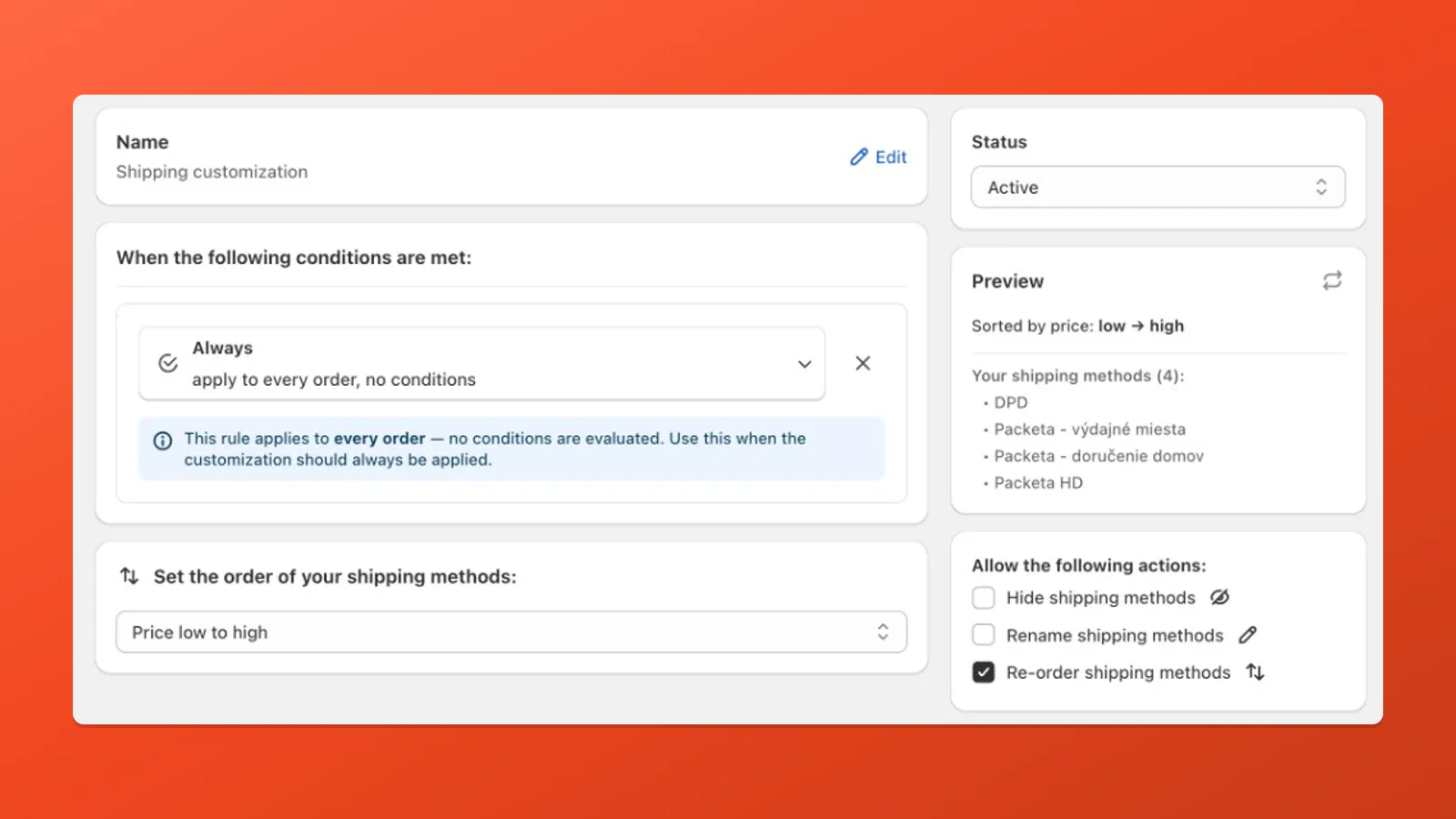 Delivery customization: sort shipping by price low to high, with preview of ordered rates