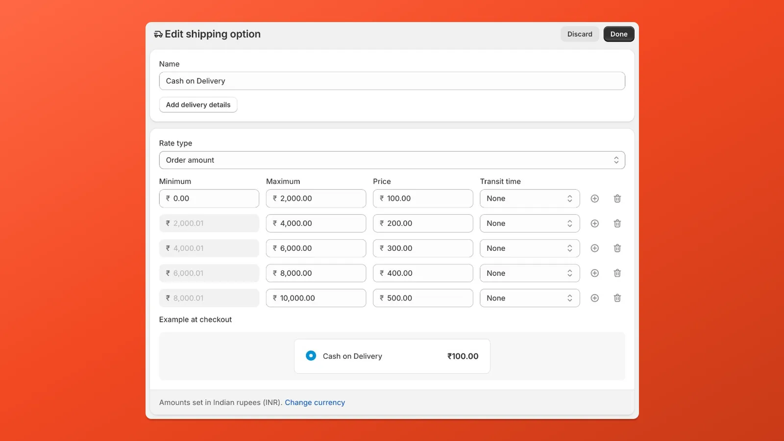 Shopify Edit shipping option with Order amount rate type and tiered flat prices
