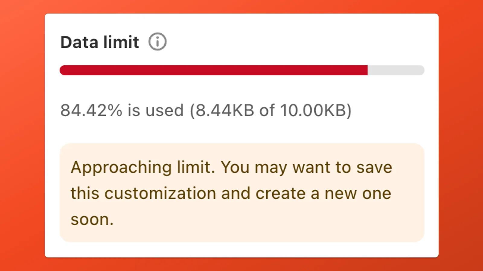 Payflow editor Data limit indicator showing usage percentage and approaching-limit warning