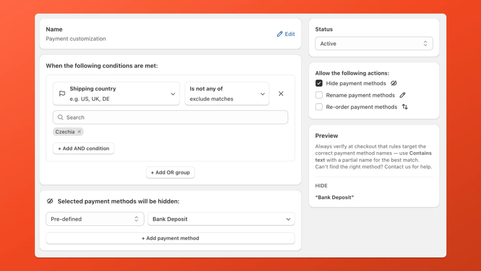 Example: hide Bank Deposit unless the shipping country is Czechia