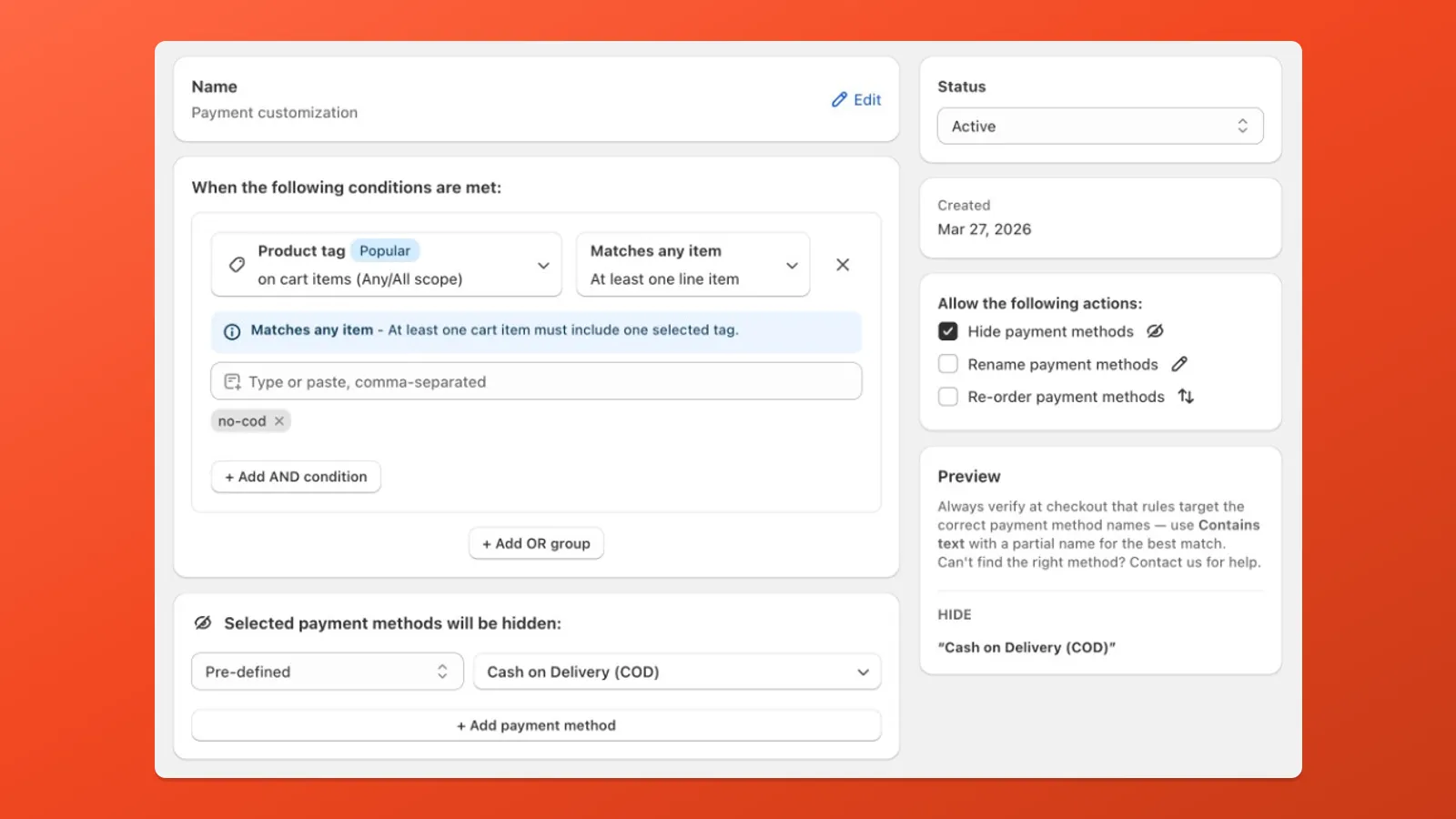Example: hide Cash on Delivery when any cart item carries the "no-cod" product tag