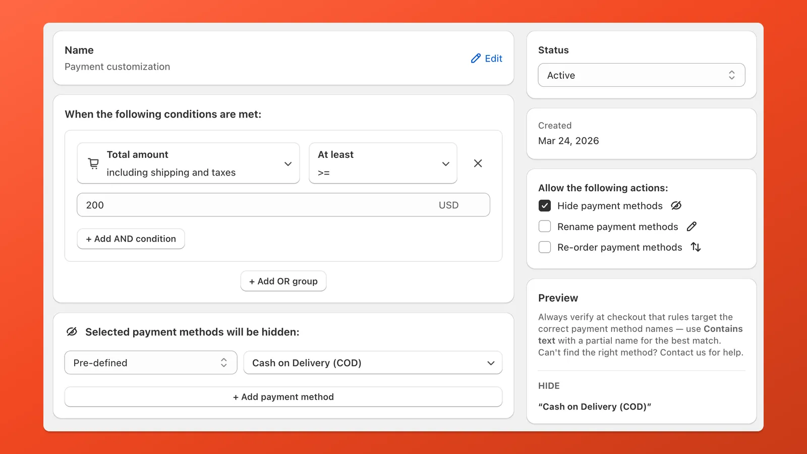 Example: hide Cash on Delivery when the order total reaches a set amount