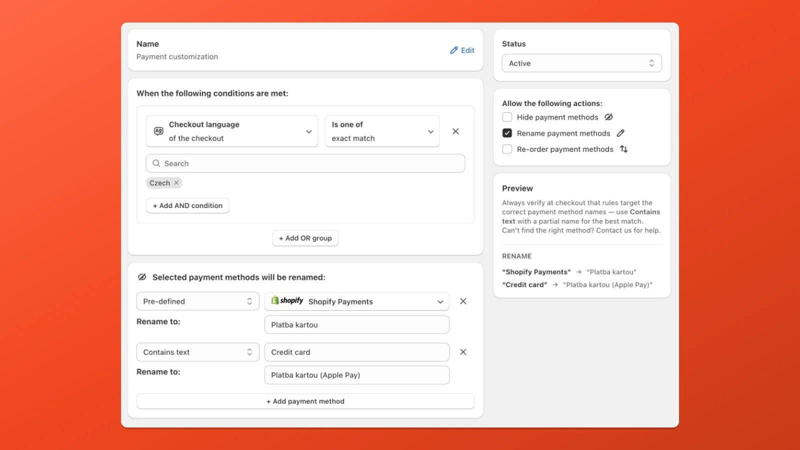 Example: rename checkout payment labels when the customer's checkout language is Czech