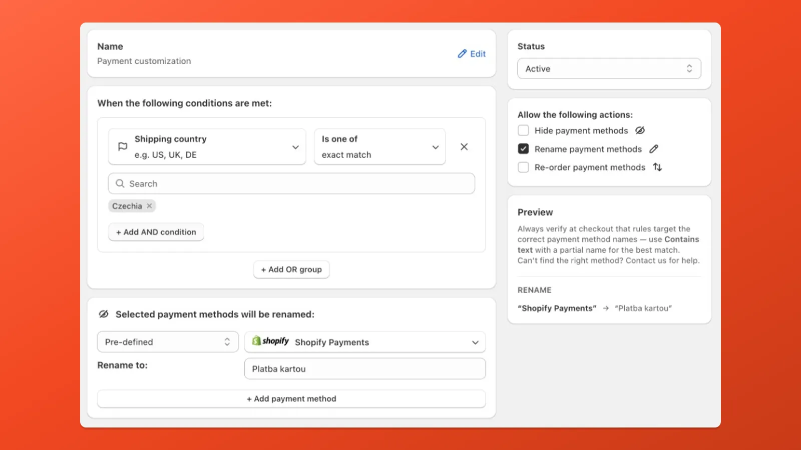 Example: show a friendlier payment name for shoppers in a specific country