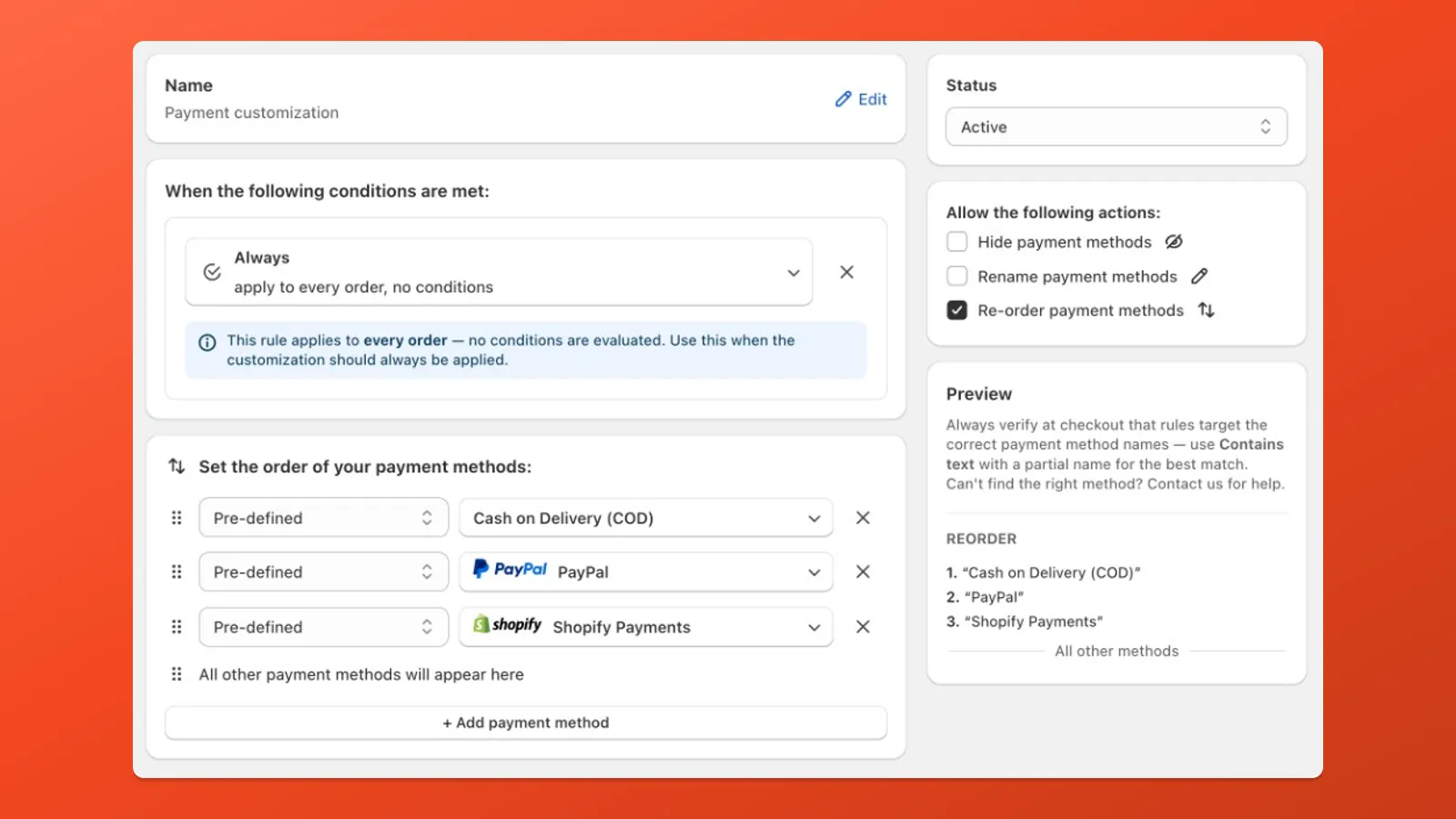 Changing the order of payment methods customers see at checkout