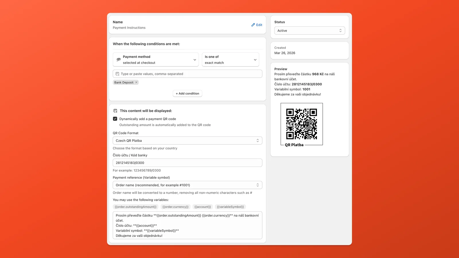 Setting up payment instructions: when they apply, bank details, optional QR code, and a live preview