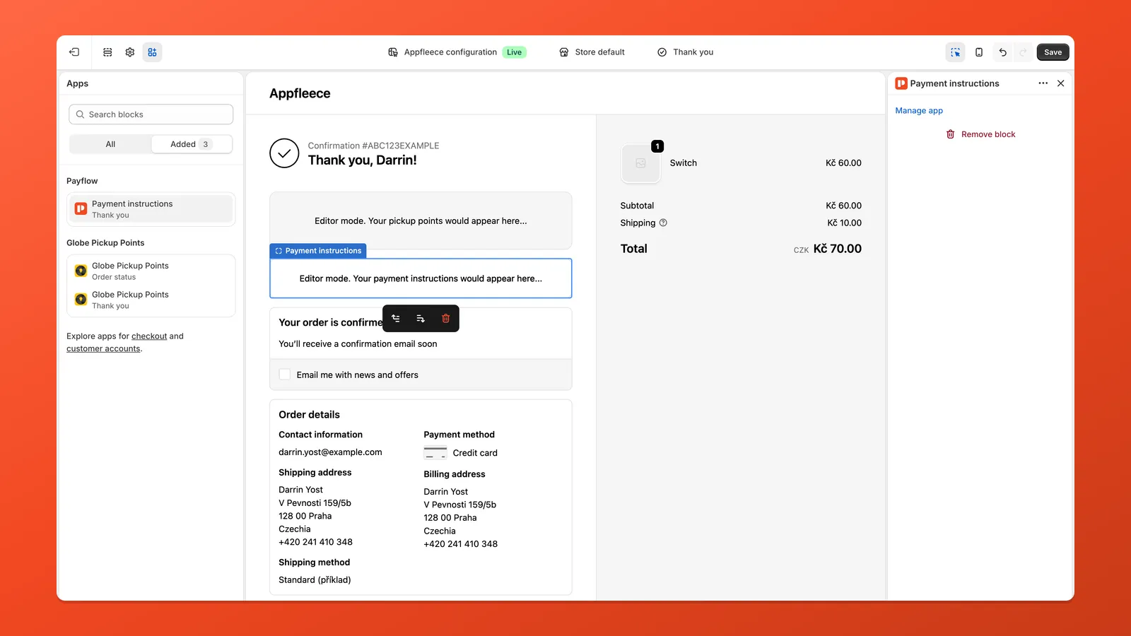 Adding Payflow’s Thank you payment instructions block in the checkout editor
