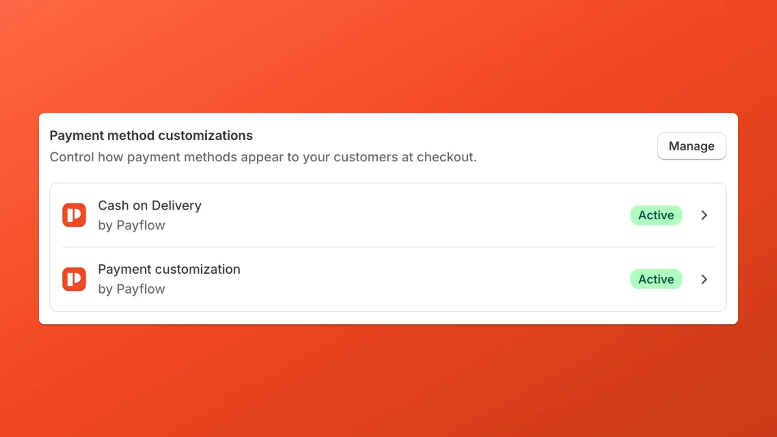 Shopify admin Payments settings showing active payment customizations from Payflow — check here for conflicting rules