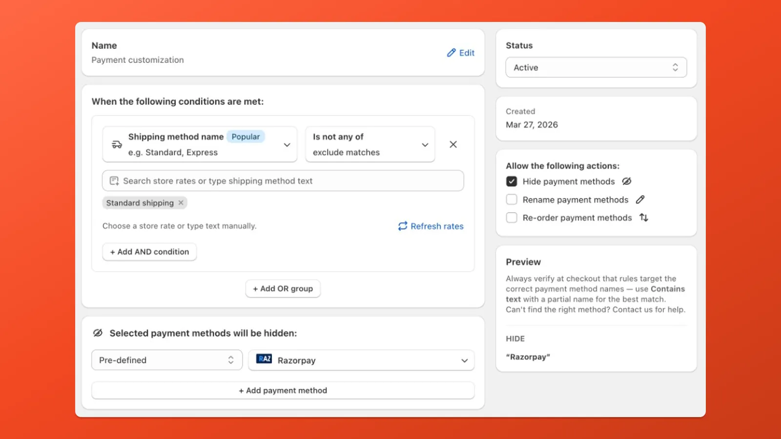 Hide the target method when the customer has not picked the fee rate