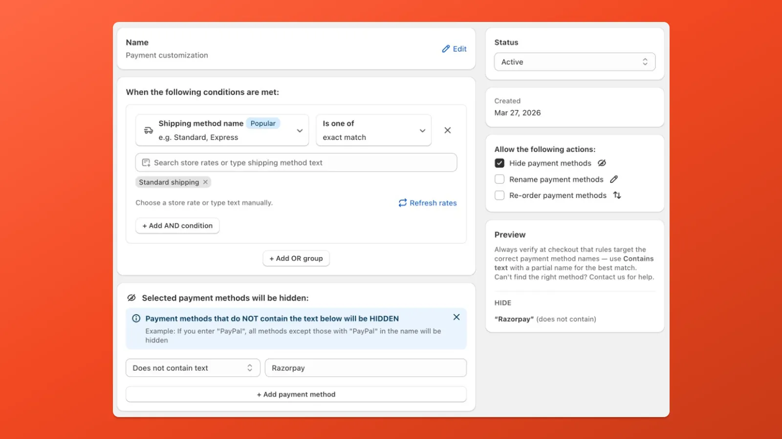 When the fee rate is selected, hide every payment method except the target