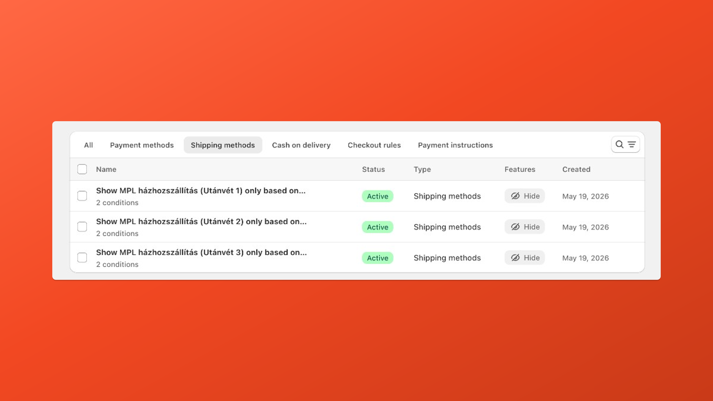 Payflow dashboard listing three Active shipping-method rules for COD bands