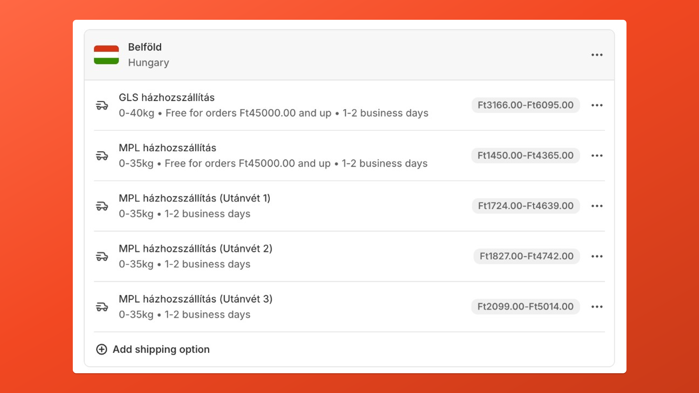 Shipping and delivery zone listing standard rates and multiple COD variants with different price ranges